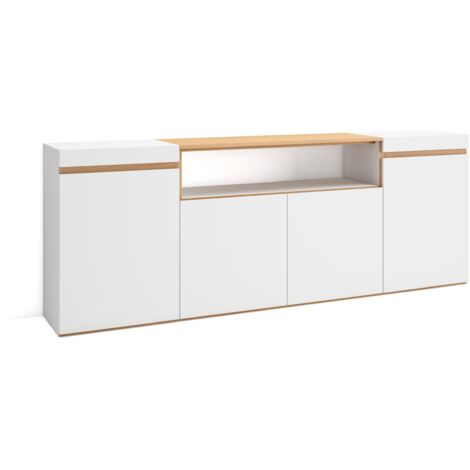 Skraut Home - Sideboard, Highboard, Kommode, Komodenschrank, 200x35x75cm, 4 Türen, Wohnzimmer, Küche, Moderner Stil, Weiß und Eiche Soft