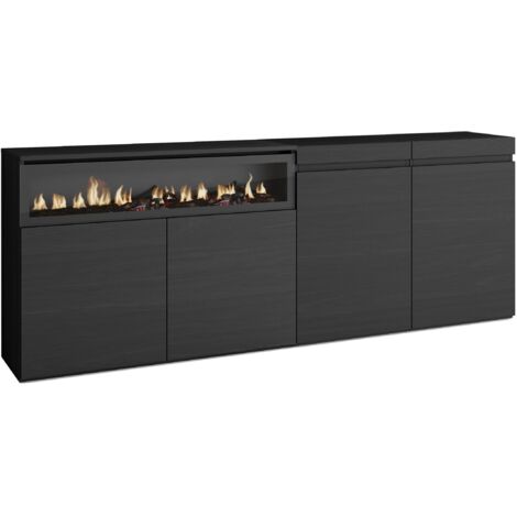 Skraut Home - Sideboard, Highboard, Kommode, Komodenschrank, 200x75x35cm, 4 Türen, Elektrokamin. Maße, Moderner Stil, Schwarz