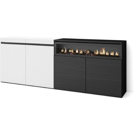 Skraut Home - Sideboard, Highboard, Kommode, Komodenschrank, 200x75x35cm, 4 Türen, Elektrokamin. Maße, Moderner Stil, Weiß und Schwarz