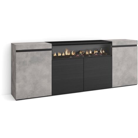 Skraut Home - Sideboard, Highboard, Kommode, Komodenschrank, 200x75x35cm, 4 Türen, Elektrokamin. Maße, Moderner Stil, Zementgrau