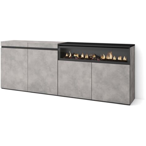 Skraut Home - Sideboard, Highboard, Kommode, Komodenschrank, 200x75x35cm, 4 Türen, Elektrokamin. Maße, Moderner Stil, Zementgrau