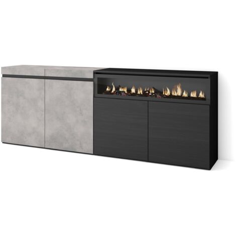 Skraut Home - Sideboard, Highboard, Kommode, Komodenschrank, 200x75x35cm, 4 Türen, Elektrokamin. Maße, Moderner Stil, Zementgrau