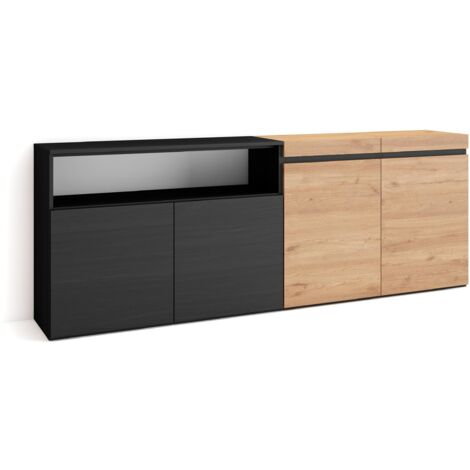 Skraut Home - Sideboard, Highboard, Kommode, Komodenschrank, 200x75x35cm, 4 Türen, Wohnzimmer, Küche, Moderner Stil, Eiche Schwarz