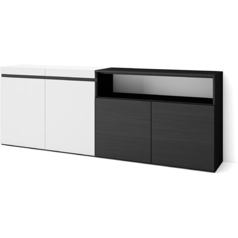Skraut Home - Sideboard, Highboard, Kommode, Komodenschrank, 200x75x35cm, 4 Türen, Wohnzimmer, Küche, Moderner Stil, Weiß und Schwarz