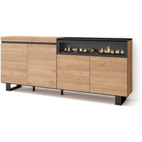 Skraut Home - Sideboard, Highboard, Kommode, Komodenschrank, 200x87x35cm, 4 Türen, Elektrokamin. Maße, Industriedesign, Moderner Stil, Eiche Schwarz