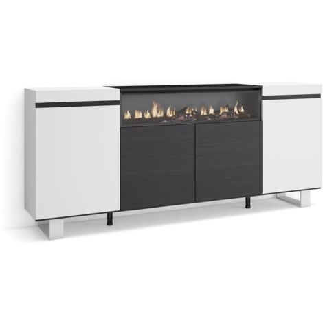 Skraut Home - Sideboard, Highboard, Kommode, Komodenschrank, 200x87x35cm, 4 Türen, Elektrokamin. Maße, Industriedesign, Moderner Stil, Weiß und Schwarz