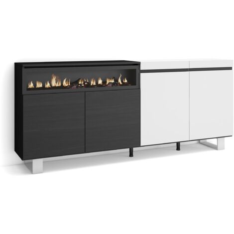 Skraut Home - Sideboard, Highboard, Kommode, Komodenschrank, 200x87x35cm, 4 Türen, Elektrokamin. Maße, Industriedesign, Moderner Stil, Weiß und Schwarz