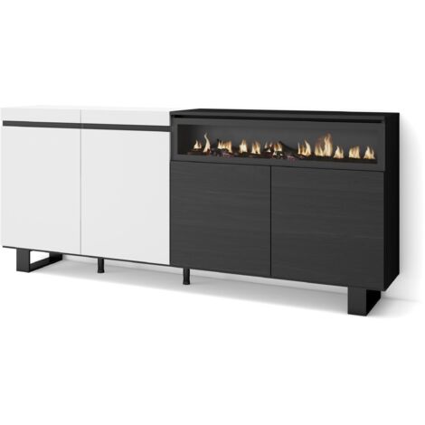 Skraut Home - Sideboard, Highboard, Kommode, Komodenschrank, 200x87x35cm, 4 Türen, Elektrokamin. Maße, Industriedesign, Moderner Stil, Weiß und Schwarz