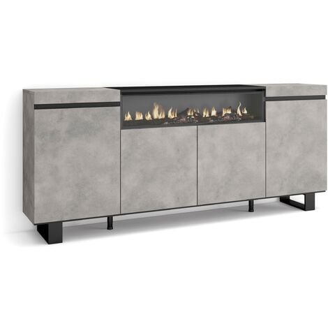 Skraut Home - Sideboard, Highboard, Kommode, Komodenschrank, 200x87x35cm, 4 Türen, Elektrokamin. Maße, Industriedesign, Moderner Stil, Zement