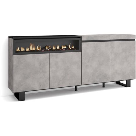Skraut Home - Sideboard, Highboard, Kommode, Komodenschrank, 200x87x35cm, 4 Türen, Elektrokamin. Maße, Industriedesign, Moderner Stil, Zementgrau