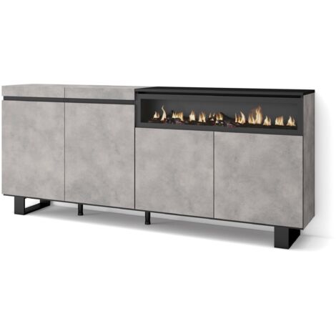 Skraut Home - Sideboard, Highboard, Kommode, Komodenschrank, 200x87x35cm, 4 Türen, Elektrokamin. Maße, Industriedesign, Moderner Stil, Zementgrau