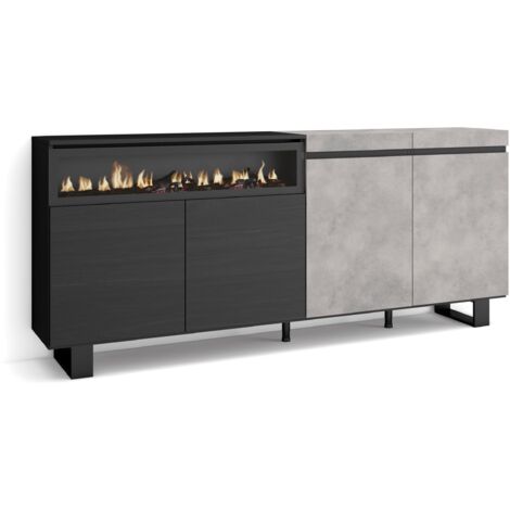 Skraut Home - Sideboard, Highboard, Kommode, Komodenschrank, 200x87x35cm, 4 Türen, Elektrokamin. Maße, Industriedesign, Moderner Stil, Zementgrau