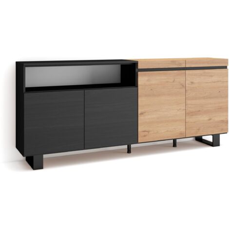 Skraut Home - Sideboard, Highboard, Kommode, Komodenschrank, 200x87x35cm, 4 Türen, Industriedesign, Moderner Stil, Eiche Schwarz