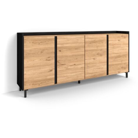 Skraut Home - Sideboard, Highboard, Kommode, Komodenschrank, 207x35x91cm, 4 Türen, Industriedesign, Moderner Stil, Eiche Schwarz