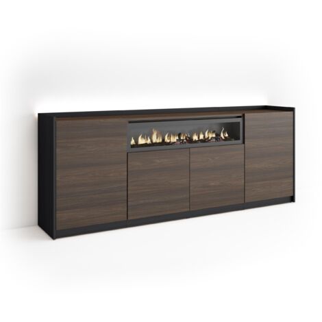 Skraut Home - Sideboard, Highboard, Kommode, Komodenschrank, 207x37x80cm, 4 Türen, Elektrokamin., LED, Moderner Stil, Dunkler Eiche und Schwarz