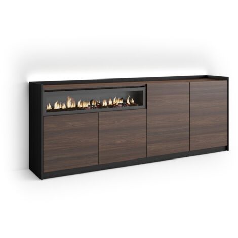 Skraut Home - Sideboard, Highboard, Kommode, Komodenschrank, 207x37x80cm, 4 Türen, Elektrokamin., LED, Moderner Stil, Dunkler Eiche und Schwarz