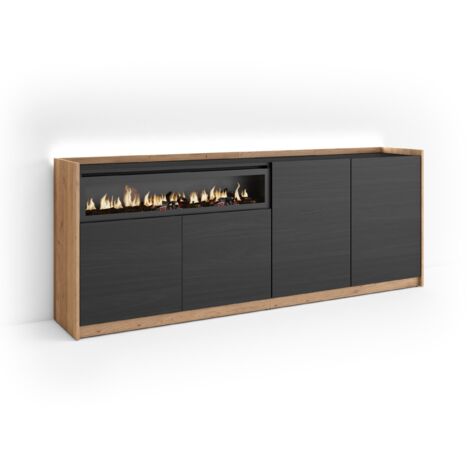 Skraut Home - Sideboard, Highboard, Kommode, Komodenschrank, 207x37x80cm, 4 Türen, Elektrokamin., LED, Moderner Stil, Schwarz Eiche