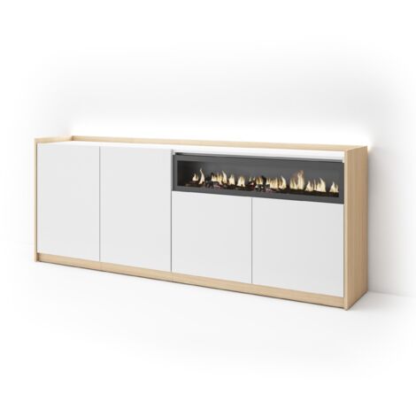 Skraut Home - Sideboard, Highboard, Kommode, Komodenschrank, 207x37x80cm, 4 Türen, Elektrokamin., LED, Moderner Stil, Weiß und Eiche Soft