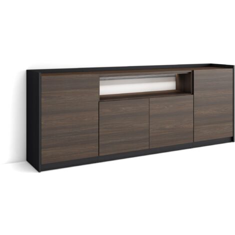 Skraut Home - Sideboard, Highboard, Kommode, Komodenschrank, 207x37x80cm, 4 Türen, LED, Moderner Stil, Dunkler Eiche und Schwarz