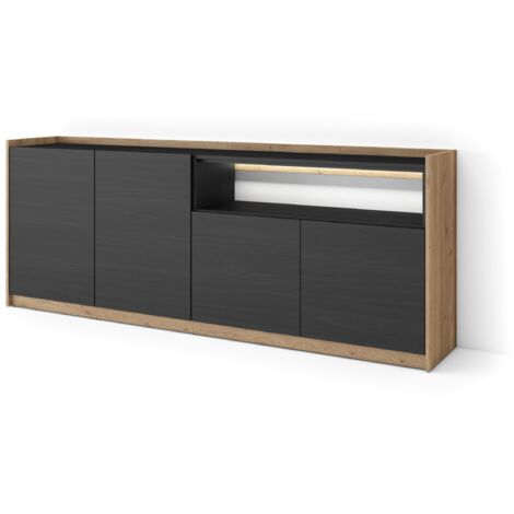 Skraut Home - Sideboard, Highboard, Kommode, Komodenschrank, 207x37x80cm, 4 Türen, LED, Moderner Stil, Schwarz Eiche