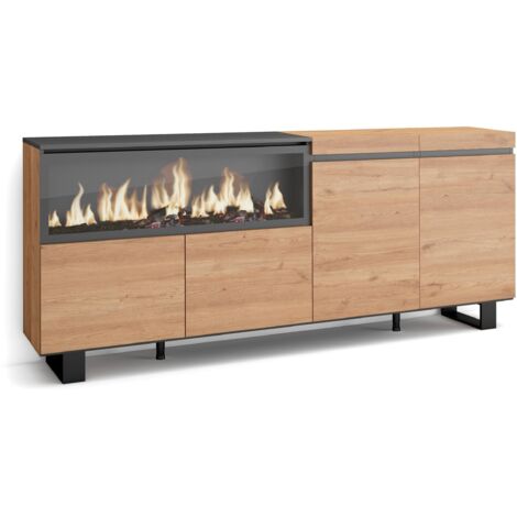 Skraut Home - Sideboard, Highboard, Kommode, Komodenschrank, 210, 4 Türen, Elektrokamin XXL, Industriedesign, Moderner Stil, Eiche