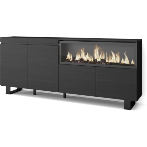 Skraut Home - Sideboard, Highboard, Kommode, Komodenschrank, 210, 4 Türen, Elektrokamin XXL, Industriedesign, Moderner Stil, Schwarz