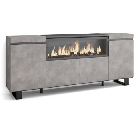 Skraut Home - Sideboard, Highboard, Kommode, Komodenschrank, 210, 4 Türen, Elektrokamin XXL, Industriedesign, Moderner Stil, Zementgrau