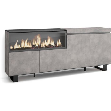 Skraut Home - Sideboard, Highboard, Kommode, Komodenschrank, 210, 4 Türen, Elektrokamin XXL, Industriedesign, Moderner Stil, Zementgrau
