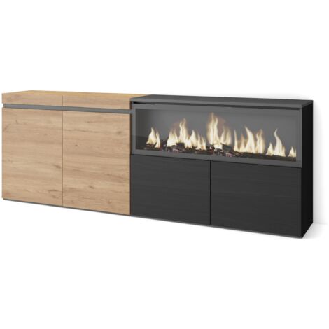 Skraut Home - Sideboard, Highboard, Kommode, Komodenschrank, 210, 4 Türen, Elektrokamin XXL, Moderner Stil, Eiche Schwarz