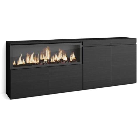 Skraut Home - Sideboard, Highboard, Kommode, Komodenschrank, 210, 4 Türen, Elektrokamin XXL, Moderner Stil, Schwarz