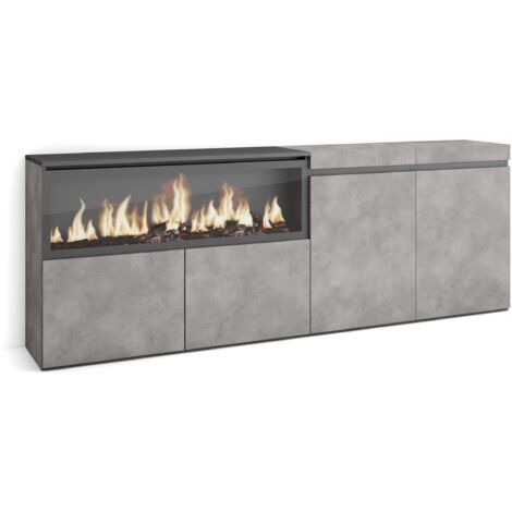 Skraut Home - Sideboard, Highboard, Kommode, Komodenschrank, 210, 4 Türen, Elektrokamin XXL, Moderner Stil, Zementgrau