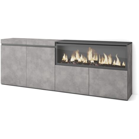 Skraut Home - Sideboard, Highboard, Kommode, Komodenschrank, 210, 4 Türen, Elektrokamin XXL, Moderner Stil, Zementgrau