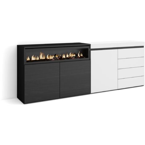 Skraut Home - Sideboard, Kommode, Aufbewahrungsschrank, 207x75x35 cm, Für Schlafzimmer, Zimmer, Elektrokamin., Kommode mit Schubladen, Moderner Stil, Weiß