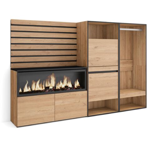 Skraut Home - Sideboard, Kommode, Aufbewahrungsschrank, 227x145x35 cm, Für Schlafzimmer, Zimmer, Elektrokamin XXL, Schuhschrank, Offener Kleiderschrank, Moderner Stil, Eiche