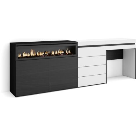 Skraut Home - Sideboard, Kommode, Aufbewahrungsschrank, 227x75x35 cm, Für Schlafzimmer, Zimmer, Elektrokamin., Kommode mit Schubladen, Schminktisch, Moderner Stil, Weiß