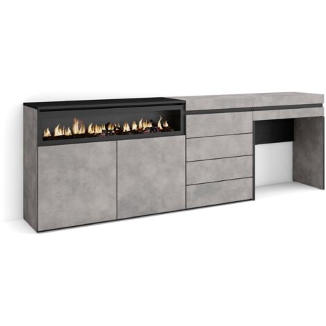 Skraut Home - Sideboard, Kommode, Aufbewahrungsschrank, 227x75x35 cm, Für Schlafzimmer, Zimmer, Elektrokamin., Kommode mit Schubladen, Schminktisch, Moderner Stil, Zementgrau