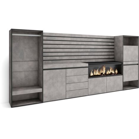 Skraut Home - Sideboard, Kommode, Aufbewahrungsschrank, 334x145x35 cm, Für Schlafzimmer, Zimmer, Elektrokamin XXL, Kommode mit Schubladen, Schuhschrank, Offener Kleiderschrank, Moderner Stil, Zementgr