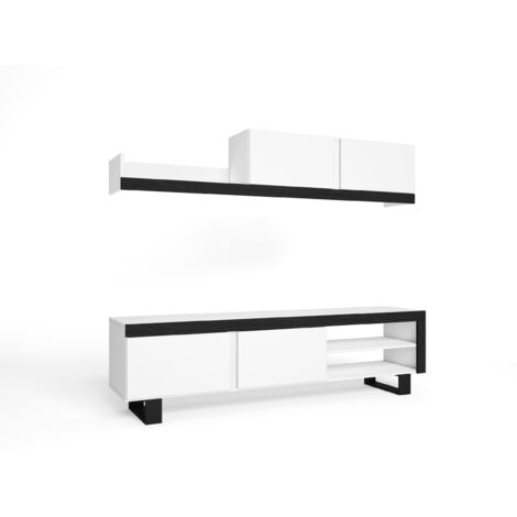 Skraut Home - Soggiorno IDEM - Set di mobili - Unità a parete - Mobile basso TV - Sala da pranzo, Set da soggiorno Colore Bianco/Nero - Stoccaggio stile moderno 200 x 180 x 40 cm