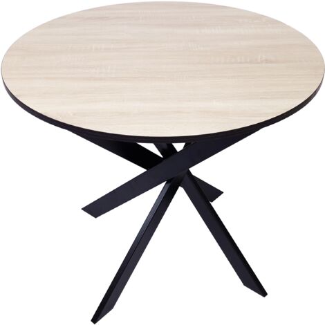 Skraut Home - Table à manger ronde fixe, Modèle ZEN, 90 x 90 x 77 cm, Capacité jusqu'à 4 personnes, Matériaux résistants, Couleur chêne et bordure noire, Pieds métalliques couleur noir laqué mat