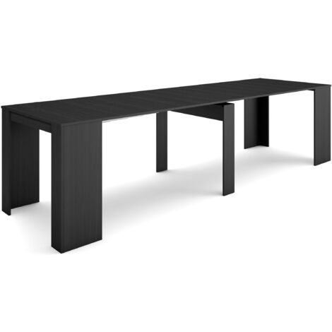 Skraut Home – Table console extensible 90x58cm – Longueur variable jusqu'à 302cm – Capacité 14 personnes – Finition noire avec veinage bois