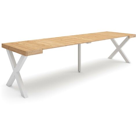 Skraut Home – Table console extensible 90x58cm – Rallonges chêne jusqu'à 302cm – Pieds en bois massif – Pour 14 personnes – Mécanisme télescopique