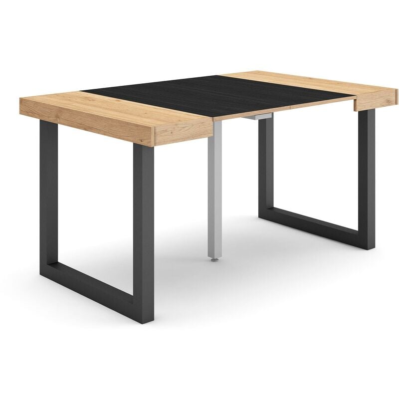 Table console extensible, Console meuble, 140, Pour 6 personnes, Pieds bois massif, Style moderne, Chêne et noir - Skraut Home