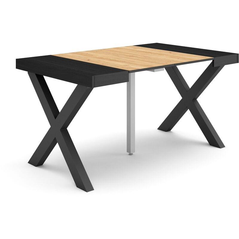 Table console extensible, Console meuble, 140, Pour 6 personnes, Pieds bois massif, Style moderne, Chêne et noir - Skraut Home