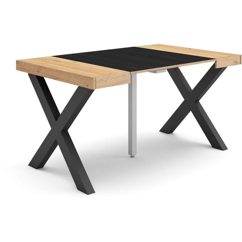 Table console extensible, Console meuble, 140, Pour 6 personnes, Pieds bois massif, Style moderne, Chêne et noir - Skraut Home