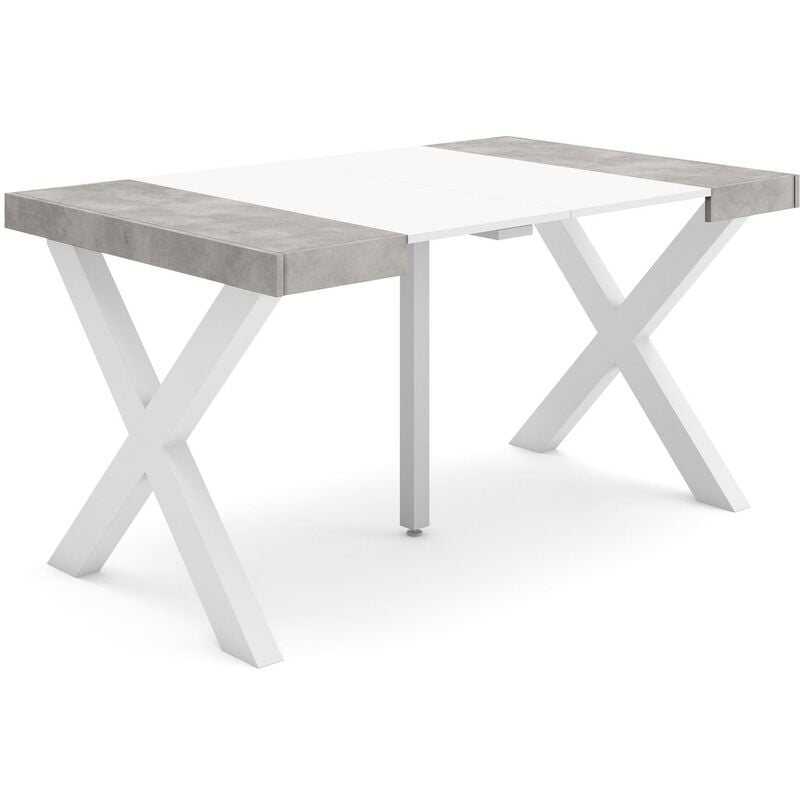 Table console extensible, Console meuble, 140, Pour 6 personnes, Pieds bois massif, Style moderne, Blanc et Gris Ciment - Skraut Home