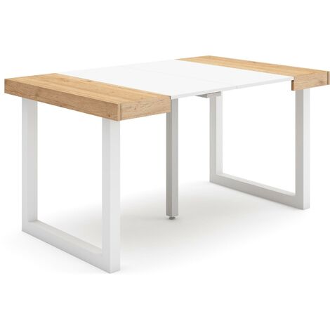 Skraut Home - Table console extensible, Console meuble, 140, Pour 6 personnes, Pieds bois massif, Style moderne, Chêne et blanc