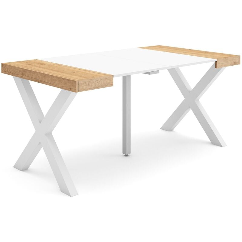 Table console extensible, Console meuble, 160, Pour 8 personnes, Pieds bois massif, Style moderne, Chêne et blanc - Skraut Home