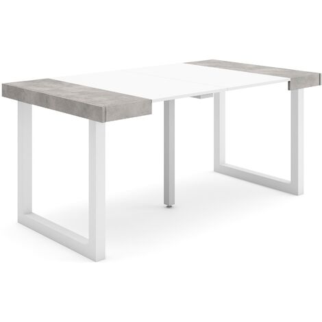 Skraut Home - Table console extensible, Console meuble, 160, Pour 8 personnes, Pieds bois massif, Style moderne, Blanc et Gris Ciment