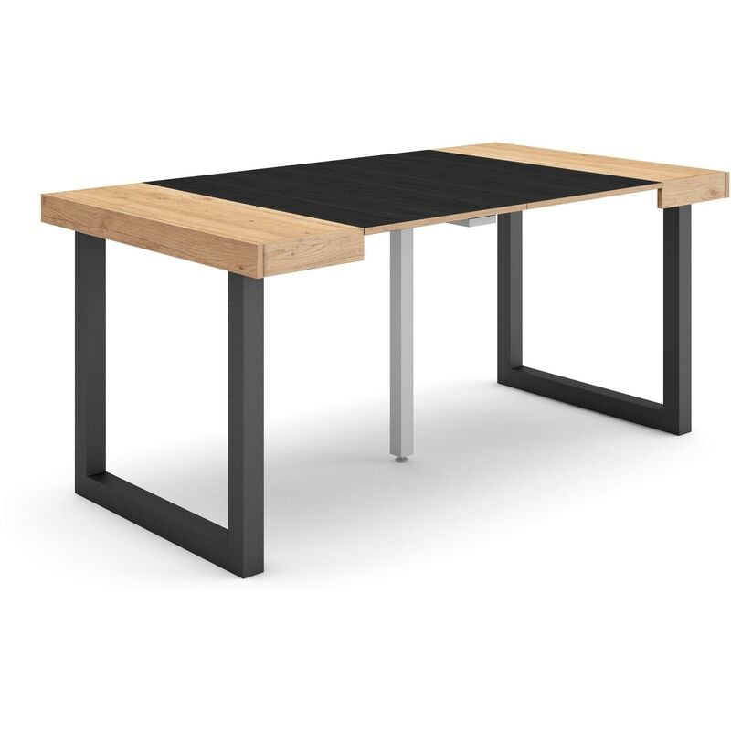 Table console extensible, Console meuble, 160, Pour 8 personnes, Pieds bois massif, Style moderne, Chêne et noir - Skraut Home