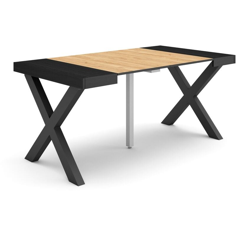 Table console extensible, Console meuble, 160, Pour 8 personnes, Pieds bois massif, Style moderne, Noir et chêne - Skraut Home